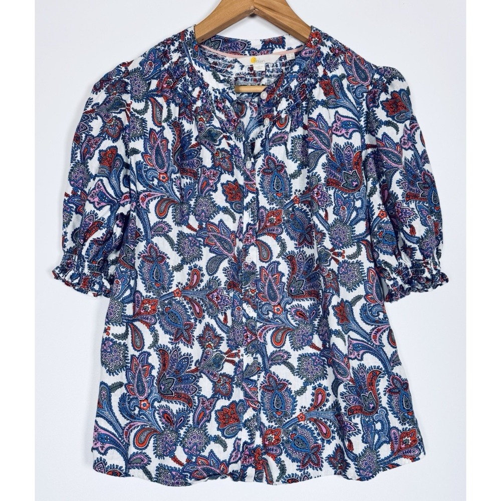 Boden Ada Linen Blouse US 6 Blue Red Paisley Button Front Puff Sleeve Feminine